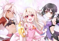 3girls :d ascot bare_shoulders black_bra black_hair blonde_hair bra breasts brown_eyes chloe_von_einzbern chloe_von_einzbern_(archer_install) commentary_request dark-skinned_female dark_skin detached_sleeves dress fate/kaleid_liner_prisma_illya fate_(series) feather_hair_ornament feathers hair_between_eyes hair_ornament hairpin highres holding holding_wand illyasviel_von_einzbern kaleidostick leotard long_hair looking_at_viewer magical_girl magical_ruby miyu_edelfelt miyu_edelfelt_(magical_girl) multiple_girls navel no_tattoo open_clothes open_mouth orange_ascot pink_dress pink_hair pink_sleeves prisma_illya purple_background purple_leotard purple_sleeves sidelocks simple_background small_breasts smile stomach underwear wand zakupiyo