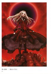 1girl absurdres angra_mainyu artbook boots corruption dark_persona dress fate/stay_night fate/zero fate_(series) female_focus frills grail_beast high-low_dress highres irisviel_von_einzbern irisviel_von_einzbern_(black_iri) petticoat possessed possession red_eyes red_sky red_theme scan skeleton sky solo spoilers sumita_kazuasa thigh_boots thighhighs white_hair zettai_ryouiki