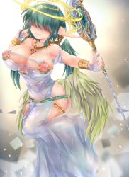 1girl adjusting_hair angel bare_shoulders blurry breasts chest_tattoo cleavage cleavage_cutout closed_mouth clothing_cutout covered_navel depth_of_field faceless faceless_female feathered_wings fingerless_gloves gloves gradient_background green_hair green_wings hair_over_eyes halo hip_vent holding holding_staff holding_weapon huge_breasts large_areolae long_bangs low_wings mon-musu_quest! mon-musu_quest:_paradox multiple_wings pippi_(ku_ro_do_zorizo_to) pointy_ears raphaela_(mon-musu_quest!) short_hair staff tattoo thighs weapon white_gloves wings yellow_halo yellow_wings