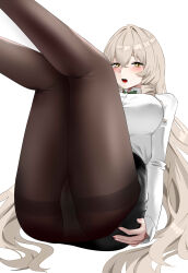 1girl absurdres andrea_doria_(azur_lane) andrea_doria_(have_a_safe_flight)_(azur_lane) azur_lane black_pantyhose black_skirt blush bow bowtie collared_shirt crossed_bangs drill_hair embarrassed flight_attendant hair_between_eyes highres legs_up light_brown_hair long_hair long_sleeves looking_to_the_side mianbaoren official_alternate_costume open_mouth panties panties_over_pantyhose pantyhose pencil_skirt pink_nails shirt simple_background sitting skirt solo travel_attendant underwear white_background white_shirt yellow_eyes