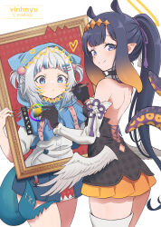 2girls adapted_costume alternate_hairstyle arched_bangs bare_shoulders black_collar black_dress black_gloves blue_capelet blue_eyes blue_hair blue_skirt capelet center-flap_bangs closed_mouth collar color_wheel commentary cross-laced_clothes cross-laced_dress detached_sleeves drawn_whiskers dress feathered_wings fins fish_skeleton_hair_ornament fish_tail fur-trimmed_collar fur_trim gawr_gura gawr_gura_(casual) gloves gradient_hair grey_hair hair_ornament hairclip half_gloves halo highres holding holding_pen holding_picture_frame hololive hololive_english hood hood_up hooded_capelet long_hair looking_at_viewer low_wings median_furrow miniskirt mole mole_under_eye multicolored_hair multiple_girls ninomae_ina&#039;nis ninomae_ina&#039;nis_(1st_costume) orange_hair orange_skirt pen picture_frame pleated_skirt pointy_ears ponytail shark_girl shark_tail shirt short_dress shoulder_blades sidelocks single_detached_sleeve single_thighhigh skirt skirt_under_dress smile strapless strapless_dress streaked_hair symbol-only_commentary tabi tail tentacle_hair tentacles thighhighs tube_dress two_side_up very_long_hair vinhnyu virtual_youtuber white_shirt white_thighhighs white_wings wings