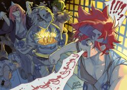 Rule 34 | !?, 6+boys, bathrobe, birthday cake, cake, cat boy, cherry blossom (sk8), food, green hair, hairband, happy birthday, hasegawa langa, headband, highres, joe (sk8), kyan reki, long hair, looking at another, male focus, medium hair, messy hair, miya (sk8), multiple boys, orange hair, outstretched arms, red hair, scared, shadow (sk8), short hair, shouting, sk8 the infinity, soul (tamashii), white bathrobe, white hair, zombie pose