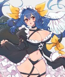 1girl :o asymmetrical_wings belt black_choker black_dress black_panties black_thighhighs blush breasts chemaru_(a8l) choker cleavage cleavage_cutout clothes_pull clothing_cutout curtsey dizzy_(guilty_gear) dress frilled_dress frilled_skirt frills grey_background guilty_gear hair_between_eyes hair_ribbon highres large_breasts maid_headdress mature_female midriff navel open_mouth panties pleated_skirt red_eyes ribbon showgirl_skirt simple_background skindentation skirt solo tail tail_ornament tail_ribbon thick_thighs thighhighs thighs twintails underwear wings yellow_ribbon