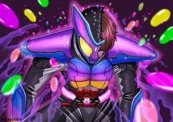1boy adk-em bandai bandai_namco brown_hair candy food glowing glowing_eye gochizo henshin highres inoue_shouma ishimori_prod jelly_bean kamen_rider kamen_rider_gavv kamen_rider_gavv_(poppingummy_form) kamen_rider_gavv_(series) male_focus popping_gummy purple_eyes rider_belt shouma_(kamen_rider_gavv) shouma_stomach toei_company tokusatsu tv_asahi yuuki_koutarou