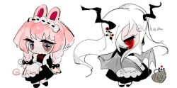 +_+ 2girls apron basket bat_wings black_dress black_horns black_ribbon black_shoes bow bowtie braid chibi chibi_only chinese_commentary commentary_request demon_girl dress grey_wings hair_ribbon horns long_hair maid maid_headdress multiple_girls original pink_hair purple_eyes rabbit_girl red_bow red_bowtie red_eyes ribbon shoes simple_background twin_braids vihua6 white_apron white_background white_hair wings