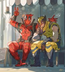 2boys beard belt bodysuit deadpool deadpool_&amp;_wolverine deadpool_(series) facial_hair gloves highres male_focus marvel marvel_cinematic_universe mask momoi_housuke multiple_boys muscular muscular_male red_bodysuit red_mask short_hair superhero_costume sword weapon wolverine_(x-men)