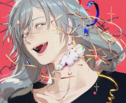 1boy blue_eyes blue_hair confetti eyelashes fang heterochromia jujutsu_kaisen long_hair low-tied_long_hair mahito_(jujutsu_kaisen) male_focus nonockha open_mouth portrait smile solo sparkle stitched_arm stitched_face stitched_neck stitches stuffing tongue yellow_eyes
