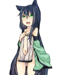 1girl alchemist_(ragnarok_online) alternate_color animal_ears blush cat_ears cat_girl commentary_request crying crying_with_eyes_open detached_sleeves dress green_eyes green_sleeves hair_between_eyes long_hair looking_at_viewer meiko_(nattu303) navel open_mouth plunging_neckline ragnarok_online simple_background solo tears very_long_hair white_background white_dress
