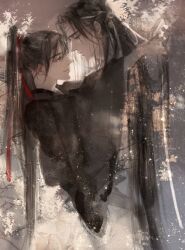 2boys alternate_hairstyle black_hair black_hanfu chinese_clothes closed_mouth couple eye_contact face-to-face faux_traditional_media from_side grey_eyes hair_ribbon half_updo hanfu headband high_ponytail highres holding holding_ribbon hug ink_wash_painting kcllzas163 lan_wangji light_particles long_hair long_sleeves looking_at_another male_focus modao_zushi multiple_boys outdoors ponytail profile red_ribbon ribbon robe sidelocks smile standing third-party_source tree upper_body very_long_hair wei_wuxian white_hanfu white_headband white_ribbon wide_sleeves yaoi
