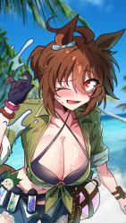 1girl agnes_tachyon_(lunatic_lab)_(umamusume) agnes_tachyon_(umamusume) ahoge animal_ears bikini black_bikini black_gloves blue_shorts blue_sky breasts brown_hair cleavage cowboy_shot criss-cross_halter ear_ornament gloves green_jacket groin hair_between_eyes halterneck highres horse_ears horse_girl horse_tail huge_ahoge jacket kii-kun_(agnes_tachyon)_(umamusume) large_breasts layer_(layer_illust) micro_shorts midriff navel official_alternate_costume official_alternate_hairstyle open_clothes open_fly open_shorts outdoors ponytail red_eyes short_ponytail shorts single_glove sky smile solo swimsuit tail test_tube tied_jacket torn_clothes torn_shorts umamusume