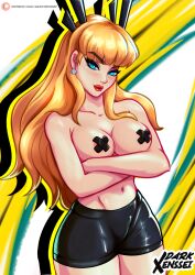 abs absurdres belly blonde_hair blue_eyes breasts darkxenssei highres large_breasts magik_(x-men) marvel marvel_rivals shorts swimsuit thighs