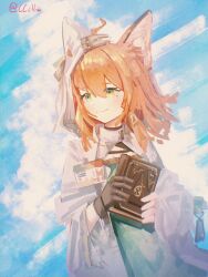 Rule 34 | 1girl, absurdres, animal ears, arknights, black gloves, book, cat ears, cat girl, chinese commentary, closed mouth, commentary request, gloves, green eyes, highres, holding, holding book, orange hair, papyrus (arknights), sakuratani hane, single glove, solo