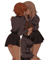 Rule 34 | 10s, 3girls, black skirt, breasts, brown hair, covering face, girls und panzer, itsumi erika, kiss, kuromorimine military uniform, kuromorimine school uniform, long hair, long sleeves, medium breasts, military, military uniform, miniskirt, moekichi, multiple girls, nishizumi maho, nishizumi miho, pleated skirt, school uniform, short hair, shoujo kakumei utena, sitting, skirt, yuri