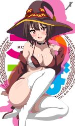 Rule 34 | 1girl, :d, absurdres, alternate breast size, bikini, black collar, blush, boots, breasts, brown hair, brown hat, cardigan, cleavage, collar, collarbone, copyright name, erica mendez, hair between eyes, hat, high heel boots, high heels, highres, indexryo, kono subarashii sekai ni shukufuku wo!, leather, leather boots, looking at viewer, medium breasts, medium hair, megumin, open cardigan, open clothes, open mouth, race queen, red bikini, red cardigan, red eyes, shinkuukan (tetsuo3), smile, solo, swimsuit, swordsealocust, takahashi rie, thigh boots, voice actor connection, white boots, witch hat