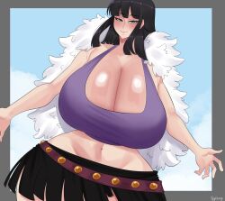 1girl armpit_crease belt black_hair blunt_bangs breasts capelet cleavage curvy fur-trimmed_capelet fur_trim gigantic_breasts half-closed_eyes huge_breasts looking_at_viewer midriff navel nico_robin nico_robin_(elbaf) nyabeyo official_alternate_costume one_piece open_hand purple_shirt shiny_skin shirt skirt smile solo white_capelet wide_hips