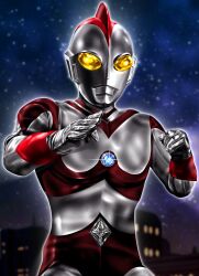 1boy alien arm_guards blue_sky blurry blurry_background buckle building city city_lights cityscape clenched_hand color_timer colored_skin commentary compound_eyes crystal diamond-shaped_buckle diamond_(shape) dorsal_fin fighting_stance gleam glowing glowing_eyes gradient_sky hands_up hanejidyna86 highres looking_ahead male_focus multicolored_skin night night_sky outdoors pectorals red_skin silver_skin sky solo standing star_(sky) starry_sky tokusatsu toned toned_male two-tone_skin ultra_series ultraman_80 ultraman_80_(series) upper_body wrinkled_skin yellow_eyes