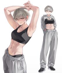 1girl arm_behind_back armpits arms_up black_panties black_shirt black_shoes breasts cleavage closed_mouth collarbone commentary_request cowboy_shot crop_top cropped_hoodie full_body grey_eyes grey_hair grey_hoodie grey_pants hair_between_eyes highres holding_own_arm holding_own_wrist hood hoodie large_breasts lip_piercing looking_at_viewer looking_to_the_side miyama_suina_(sabotensuteeki) navel original panties pants panty_peek piercing sabotensuteeki shirt shoes short_hair simple_background smile sneakers standing stomach sweat sweatpants toned toned_female underwear white_background