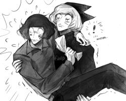 absurdres animal_hat carrying carrying_person cat_hat english_text facial_mark greyscale hat highres imnotrlup luther_von_ivory monochrome nyen_(randal&#039;s_friends) princess_carry randal&#039;s_friends shirt short_hair simple_background trembling whisker_markings white_background