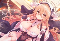 1girl arbiter1 azur_lane bare_shoulders between_breasts black_gloves blonde_hair blush breast_cutout breasts cleavage covered_navel detached_sleeves dress fake_horns gloves habit hair_between_eyes half_gloves highres horns implacable_(azur_lane) large_breasts long_hair long_hair_between_eyes long_sleeves looking_at_viewer nun pelvic_curtain revealing_clothes shirt_slip smile solo thighhighs two-tone_dress veil white_horns white_thighhighs wide_sleeves