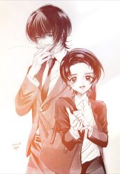 1boy 1girl aya_carmine bag cigarette collared_shirt expressionless formal_clothes highres hitomi_hirosuke_(sayonara_wo_oshiete) jacket looking_at_viewer monochrome necktie open_mouth sayonara_wo_oshiete sepia shirt short_hair smile smoking suit takashima_semina