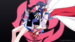 2girls aiguillette alternate_costume asymmetrical_horns black_jacket blue_hair blue_shorts closed_eyes commentary copyright_notice dasdokter elizabeth_rose_bloodflame english_commentary flower highres hololive hololive_english horn_flower horns jacket long_skirt miniskirt multiple_girls nerissa_ravencroft official_art overskirt pleated_skirt red_hair short_shorts shorts skirt sleeveless sleeveless_jacket uneven_horns virtual_youtuber white_jacket white_skirt