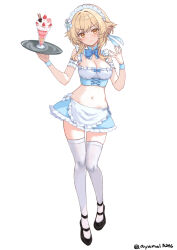 1girl alternate_costume apron ayamal_(mainichi_ryokucha) black_shoes blonde_hair blue_bow blue_bowtie blue_nails blue_skirt blue_wrist_cuffs blush bow bowtie breasts cleavage closed_mouth commentary_request drop_shadow enmaided fingernails flower frilled_apron frilled_hairband frills full_body genshin_impact hair_flower hair_ornament hairband hands_up highres holding holding_tray looking_at_viewer lumine_(genshin_impact) maid maid_headdress medium_breasts nail_polish navel no_panties shoes short_hair_with_long_locks simple_background skirt smile solo standing thighhighs tray waist_apron white_apron white_background white_flower white_hairband white_thighhighs wrist_cuffs yellow_eyes