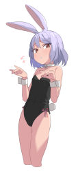 1girl animal_ears bare_arms bare_shoulders black_leotard breasts brown_eyes choker cowboy_shot cropped_legs double_fox_shadow_puppet fox_shadow_puppet highres leotard light_purple_hair looking_at_viewer original parted_lips playboy_bunny rabbit rabbit_ears rabbit_tail saiste short_hair simple_background small_breasts solo tail white_background white_choker wrist_cuffs