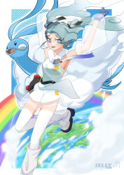 1girl 1other absurdres altaria aqua_eyes aqua_hair armpits arms_up bird blue_bird blue_gloves blush breasts crossover detached_sleeves gen_3_pokemon gloves hatsune_miku highres leg_warmers long_hair long_sleeves medium_breasts nintendo official_alternate_costume official_alternate_hairstyle open_mouth poke_ball pokemon pokemon_(creature) project_voltage purplejelly rainbow see-through_clothes see-through_skirt see-through_sleeves shirt single_glove skirt smile socks twintails very_long_hair vocaloid white_shirt white_socks