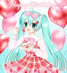 Rule 34 | 1girl, ahoge, alternate costume, aqua eyes, aqua hair, balloon, bow, bowtie, cake, cake slice, dress, eating, english text, food, food-themed hair ornament, fork, frilled shirt, frills, fruit, hair between eyes, hair ornament, happy birthday, hatsune miku, heart balloon, highres, holding, holding food, holding fork, kigidere, long hair, long sleeves, open mouth, pink bow, pink bowtie, pink shirt, plaid clothes, plaid dress, red dress, shirt, solo, strawberry, strawberry cake, strawberry hair ornament, twintails, upper body, very long hair, vocaloid