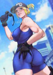 1girl albaro armpits artist_name ass belt blonde_hair blue_eyes blue_sky bodysuit breasts capcom city final_fight final_fight_3 gloves grabbing_own_ass hat large_breasts looking_back lucia_morgan official_alternate_costume police police_hat police_uniform policewoman ponytail skindentation sky sleeveless smile street_fighter street_fighter_v sunglasses_removed thick_thighs thighs toned toned_female