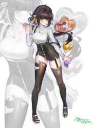 1girl absurdres artist_name balloon black_garter_straps black_hair black_hat black_skirt black_thighhighs blush breasts cellphone closed_mouth colored_inner_hair commentary crepe earrings female_rover_(wuthering_waves) food full_body garter_straps hair_ribbon hat heart_balloon high-waist_skirt highres holding holding_crepe holding_food holding_phone jewelry large_breasts long_hair long_sleeves looking_at_viewer low_ponytail multicolored_hair najjo necklace phone ponytail ribbed_shirt ribbon rover_(wuthering_waves) shirt single_garter_strap skirt smartphone solo strap_slip suspender_skirt suspenders thighhighs thighs triangle_earrings white_hair white_shirt wuthering_waves yellow_eyes yellow_ribbon zoom_layer
