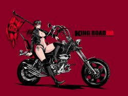 1girl bikini black_bikini boots breasts commentary_request eyewear_on_head flag full_body high_heel_boots high_heels holding holding_flag jacket leather leather_jacket long_hair medium_breasts motor_vehicle motorcycle navel open_clothes open_jacket original red_hair side-tie_bikini_bottom solo sunglasses swimsuit vehicle_request yamada_satoshi