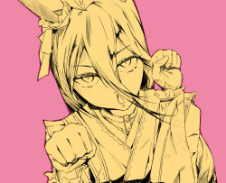 1girl absurdres animal_ears ear_covers frilled_kimono frills hair_between_eyes hands_up highres horse_ears horse_girl japanese_clothes kimono limited_palette long_hair_between_eyes long_sleeves looking_at_viewer manhattan_cafe_(umamusume) manhattan_cafe_(verdant_night)_(umamusume) open_mouth paw_pose pink_background pink_theme ringring_(artist) simple_background single_ear_cover smile solo umamusume wide_sleeves yellow_theme