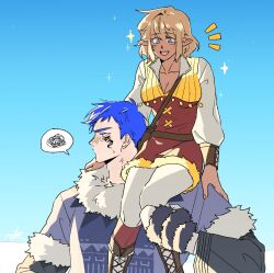 6wo age_difference blonde_hair breasts carrying cleavage dark-skinned_female dark_skin elf giant long_sleeves mabinogi medium_breasts muiriol onee-shota pointy_ears short_hair shoulder_carry