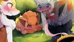 4girls @_@ all_the_way_through alolan_form alolan_vulpix animal_sexualization black_fur blue_eyes braixen breasts brown_eyes brown_fur clenched_teeth dagasi fang fangs furry furry_female gen_1_pokemon gen_5_pokemon gen_6_pokemon gen_7_pokemon heart heart_in_eye highres medium_breasts multiple_girls nintendo open_mouth parted_lips pokemon pokemon_(creature) portal_(object) red_eyes sylveon symbol_in_eye tearing_up teeth tongue tongue_out vulpix white_fur yellow_fur zorua