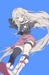 1girl ahoge arm_behind_head artist_name asymmetrical_legwear bare_shoulders black_choker black_shirt black_socks black_tank_top black_thighhighs blonde_hair blue_background blue_eyes boots braid choker closed_mouth commentary crop_top cropped_shirt expressionless floating full_body hair_between_eyes hair_flaps hand_up highres ia_(vocaloid) knee_boots kneehighs long_hair long_sleeves looking_at_viewer off-shoulder_shirt off_shoulder pink_skirt pleated_skirt pye_yyy shirt short_sleeves simple_background single_kneehigh single_sock single_thighhigh skirt socks solo spaghetti_strap tank_top thigh_strap thighhighs twin_braids uneven_legwear untucked_shirt very_long_hair vocaloid white_boots zettai_ryouiki