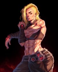 1girl abs az_ciam belt blonde_hair breasts cleavage commission earrings face_piercing facial_tattoo highres jewelry large_breasts looking_at_viewer medium_breasts muscular muscular_female nose_piercing nose_ring original piercing shaved_head sith solo star_wars stretching tattoo