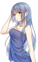 1girl bare_shoulders blue_hair blush breasts cleavage collarbone degtyaryov2952 dress enri_louvre long_hair naraku naraku_2 red_eyes solo strapless strapless_dress tube_dress