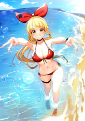 1girl absurdres alternate_hairstyle armpits bang_dream! bare_shoulders beach bikini blonde_hair blue_sky breasts cleavage cloud collarbone commentary contrapposto day diagonal_bangs dopamine70 double_v front-tie_bikini_top front-tie_top grin gyaru_v hair_ribbon highres lens_flare long_hair looking_at_viewer medium_breasts mountainous_horizon navel ocean outdoors ponytail red_bikini red_ribbon ribbon side-tie_bikini_bottom sidelocks skindentation sky smile solo standing swimsuit symbol-only_commentary teeth thigh_strap tsurumaki_kokoro v wading wristband yellow_eyes