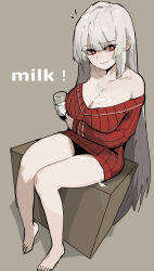 1girl arm_under_breasts barefoot borrowed_character breasts bright_pupils brown_background collarbone commentary cup english_commentary english_text feet full_body habin_(rusellunt) highres holding holding_cup large_breasts long_hair milk off-shoulder_sweater off_shoulder original parted_lips red_eyes red_sweater ribbed_sweater saiga12k simple_background sitting smile solo sweatdrop sweater toes white_pupils