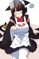 1girl alternate_costume animal_ear_fluff animal_ears apron azur_lane bandaid bandaid_on_hand bell blush cat_ears cat_girl cat_tail chocolate_making chocolate_on_clothes closed_eyes clumsy enmaided food_on_clothes hand_up hikimayu long_sleeves maid maid_headdress official_alternate_costume pantyhose short_hair simple_background solo tail tail_bell tail_ornament tearing_up valentine wa_maid white_apron white_pantyhose wide_sleeves yamashiro_(azur_lane) yamashiro_(sales_clerk_offensive?!)_(azur_lane) youhei_64d