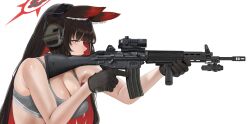 1girl absurdres alternate_costume animal_ear_fluff animal_ears blue_archive colored_inner_hair fox_ears fox_girl fte_(fifteen_199) halo highres holding holding_weapon multicolored_hair red_halo simple_background solo upper_body wakamo_(blue_archive) weapon white_background yellow_eyes