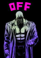 1boy abs absurdres arm_up bare_pectorals belt belt_buckle black_background buckle clenched_hand coat collarbone copyright_name dedan_(off) glowing glowing_eyes highres lapels male_focus monster monster_boy notched_lapels off_(game) open_clothes open_coat pants pectorals red_eyes solo tanblaque teeth upper_body