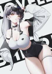 Rule 34 | 1girl, adjusting eyewear, alternate costume, black hair, black shorts, blunt bangs, breasts, cleavage, cropped jacket, dolphin shorts, eyewear on head, grey hair, highres, hololive, hololive english, jacket, large breasts, long hair, looking at viewer, mintz912, multicolored hair, open clothes, open jacket, parted lips, ponytail, shiori novella, short shorts, shorts, sidelocks, single thighhigh, solo, split-color hair, sports bra, sunglasses, thighhighs, virtual youtuber, white sports bra, white thighhighs, yellow eyes