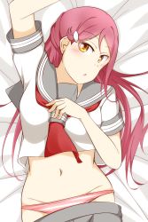 10s 1girl blush brown_eyes feitonokesin female_focus hair_ornament highres long_hair looking_at_viewer love_live! love_live!_sunshine!! lying navel on_back on_bed open_mouth panties pink_panties red_hair sakurauchi_riko school_uniform serafuku skirt skirt_down solo tagme underwear uranohoshi_school_uniform