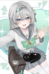 1girl absurdres animal animal_on_lap bag bag_charm black_cat bow bowtie breasts brown_bag buttons caelus_(honkai:_star_rail) cat character_charm charm_(object) commentary_request cowboy_shot double-breasted firefly_(honkai:_star_rail) firefly_(spring_missive)_(honkai:_star_rail) green_bow green_bowtie grey_hair grey_hairband grey_sailor_collar grey_skirt hair_between_eyes hairband hand_up heart heart_background highres honkai:_star_rail honkai_(series) large_breasts long_hair long_sleeves looking_at_viewer official_alternate_costume on_lap open_mouth plaid_bow plaid_bowtie plaid_clothes plaid_skirt purple_eyes sailor_collar sakusaku_(616saku) sam_(honkai:_star_rail) school_bag school_uniform serafuku shirt sitting skirt smile solo teeth thighhighs trailblazer_(honkai:_star_rail) two-tone_background upper_teeth_only waving white_shirt white_thighhighs zettai_ryouiki