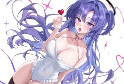 1girl alternate_costume bare_arms bare_shoulders blue_archive breasts candy cleavage collar covered_navel food hair_between_eyes hido88 highleg highleg_leotard highres holding holding_candy holding_food holding_lollipop large_breasts leotard lollipop long_hair open_mouth purple_eyes purple_hair sidelocks solo strapless strapless_leotard teeth tongue tongue_out two_side_up upper_teeth_only white_leotard yuuka_(blue_archive)