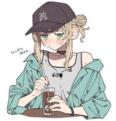 1girl aqua_jacket bare_shoulders black_hat blonde_hair blush closed_mouth dayama green_eyes hair_bun hat highres jacket kaburaki_roco nijisanji shirt simple_background solo translation_request upper_body white_background white_shirt