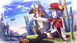 2girls aircraft airship black_thighhighs blue_sky boots brown_boots character_request cloud cloudy_sky hat highres indie_virtual_youtuber leaflit_mitsuha long_hair multiple_girls on_grass on_ground open_mouth outdoors planted planted_sword planted_weapon pleated_skirt pointing pointy_ears red_eyes red_hat schatten short_hair skirt sky sword thighhighs very_long_hair virtual_youtuber weapon