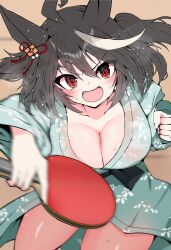 Rule 34 | 1girl, :d, akizuki shigure, animal ears, black hair, bow, breasts, cleavage, commentary request, ear ornament, ear ribbon, green kimono, highres, horse ears, horse girl, japanese clothes, kimono, kitasan black (umamusume), large breasts, looking at viewer, motion blur, multicolored hair, open mouth, red ribbon, ribbon, smile, solo, streaked hair, sweat, umamusume, white hair